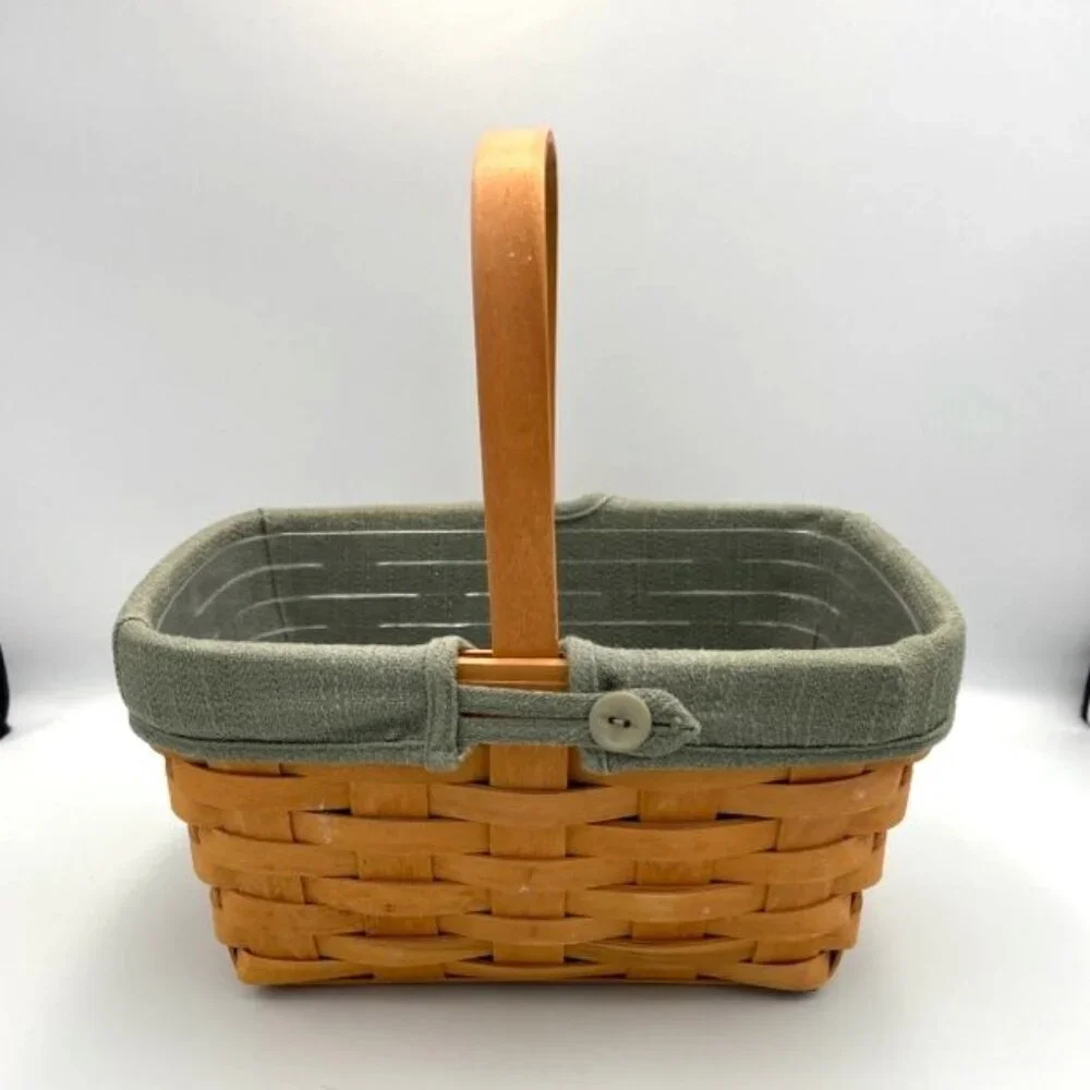 Longaberger Basket Rectangle 2002 Green Fabric & Plastic Liners Handmade USA
